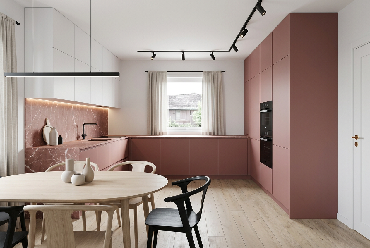 Samme kjøkken med duse rosa fronter, marmorbenkeplate og detaljer i messing